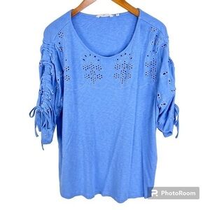 Soft Surroundings Feminine Blue Modest Eyelet Lace Floral Stretch Blouse Size 1X
